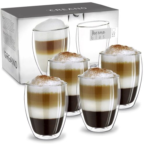 Set 4 pahare termice XXL Creano, 400 ml, sticla borosilicata, perete dublu, pentru latte