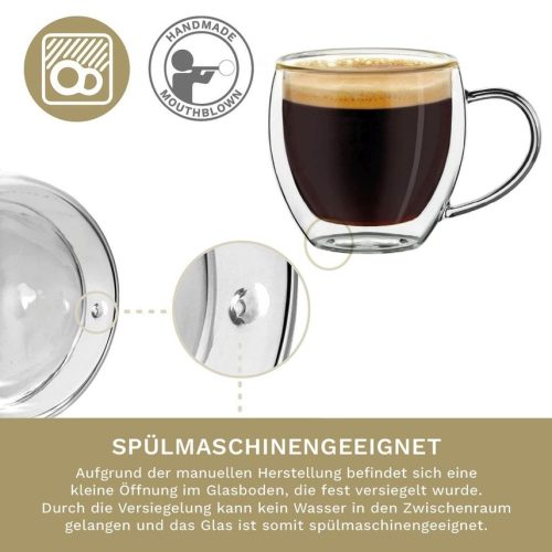 Set 4 cesti espresso termice Creano, 100 ml, sticla borosilicata, perete dublu, model inalt