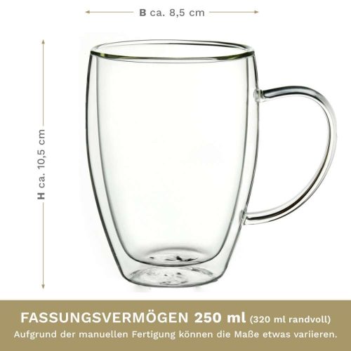 Set 2 cani termice Creano cu maner, 250 ml, sticla borosilicata, perete dublu