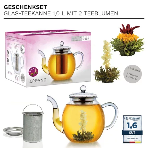 Ceainic din sticla Creano, 1 L, cu infuzor din inox, capac si 2 flori de ceai