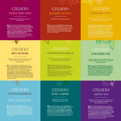 Set Cadou Ceai Bio Creano, 45 plicuri, 9 sortimente, 90 g, plante, fructe, condimente
