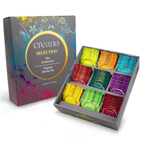 Set cadou ceai bio Creano Selection Box, 90 plicuri, 9 sortimente, fara cofeina, 27,5x23x7,8cm