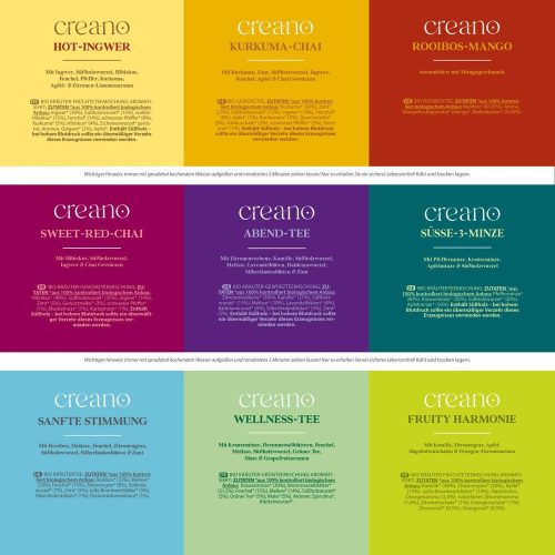 Set cadou ceai bio Creano Selection Box, 90 plicuri, 9 sortimente, fara cofeina, 27,5x23x7,8cm