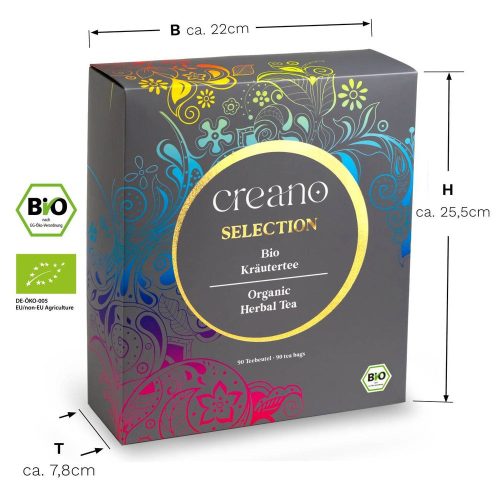 Set cadou ceai bio Creano Selection Box, 90 plicuri, 9 sortimente, fara cofeina, 27,5x23x7,8cm