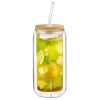 Set 2 pahare Creano, 360 ml, perete dublu, cu capac din bambus si pai, pentru smoothie si bubble tea