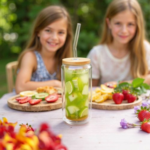 Set 2 pahare Creano, 360 ml, perete dublu, cu capac din bambus si pai, pentru smoothie si bubble tea