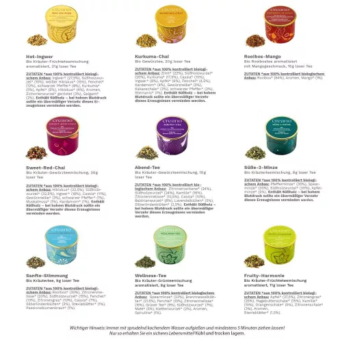 Set ceai bio Creano Mix Plante, 3 doze ceai vrac, Musetel Fructat/Menta Dulce/Rooibos cu Mango