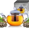 Ceainic din sticla Creano All-in-One, 0,8 L, cu infuzor din inox si capac, anti-picurare