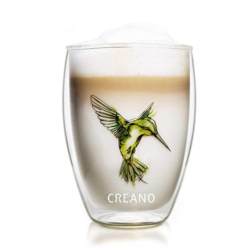 Pahar termic Creano Hummi, 250 ml, sticla borosilicata, perete dublu, decor colibri verde