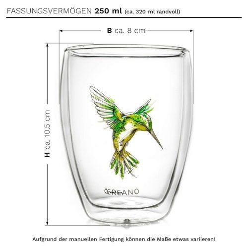 Pahar termic Creano Hummi, 250 ml, sticla borosilicata, perete dublu, decor colibri verde