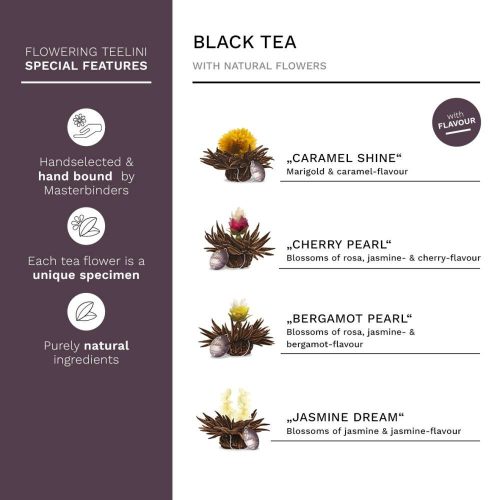 Pachet mare ceai infloritor Creano ErbluhTeelini, 36 bile, 4 sortimente, ceai negru, aroma bergamota, iasomie, cirese, caramel