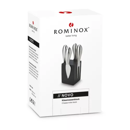 Bloc cutite branza Rominox Novo, 4 piese, suport magnetic, lemn negru, 6 x 6 x 8,5 cm