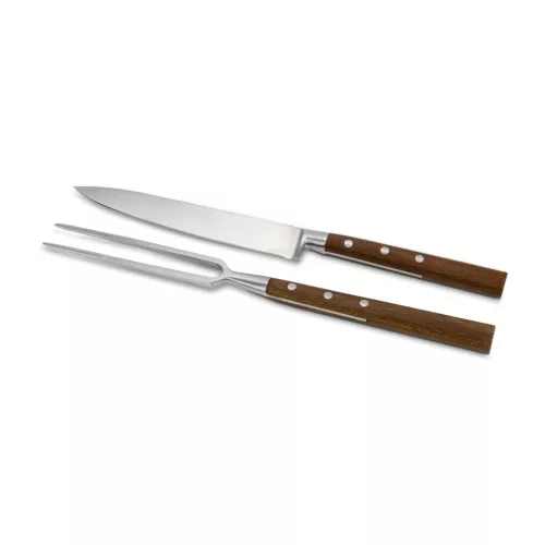 Set transare Rominox Scolpi, cutit si furculita, lemn piersic, cutie cadou, 32 cm, inox