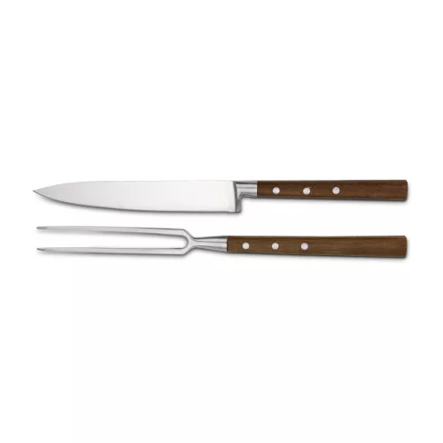 Set transare Rominox Scolpi, cutit si furculita, lemn piersic, cutie cadou, 32 cm, inox