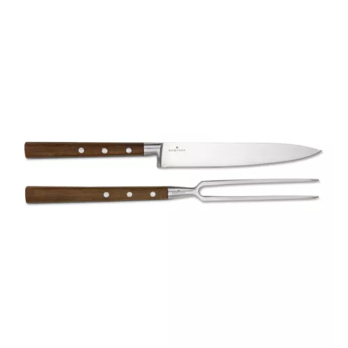 Set transare Rominox Scolpi, cutit si furculita, lemn piersic, cutie cadou, 32 cm, inox