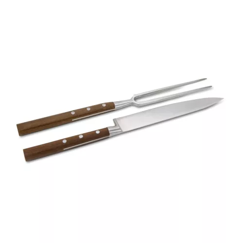 Set transare Rominox Scolpi, cutit si furculita, lemn piersic, cutie cadou, 32 cm, inox