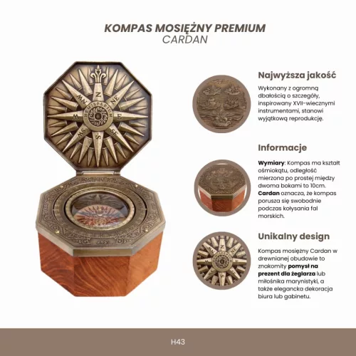 Busola Cardan Giftdeco H43 din alama si lemn, forma octogonala