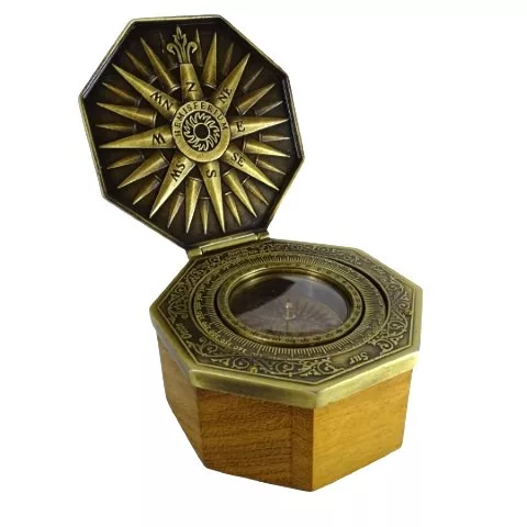 Busola Cardan Giftdeco H43 din alama si lemn, forma octogonala
