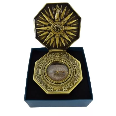 Busola Cardan Giftdeco H43 din alama si lemn, forma octogonala