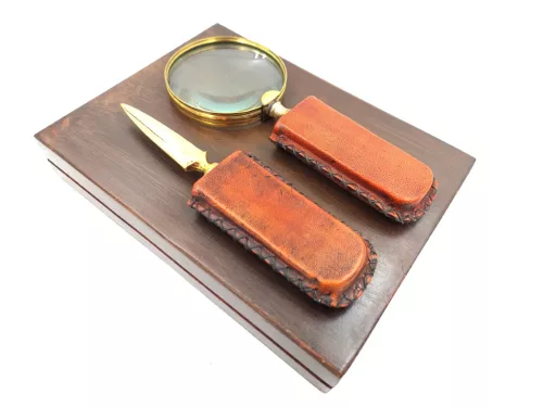 Lupă Giftdeco, alamă, sticlă și piele, lungime 18,5 cm, diametru 7,5 cm, stil colonial Giftdeco 5902067224083 imagine 3