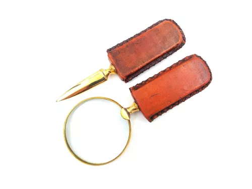 Lupă Giftdeco, alamă, sticlă și piele, lungime 18,5 cm, diametru 7,5 cm, stil colonial Giftdeco 5902067224083 imagine 4