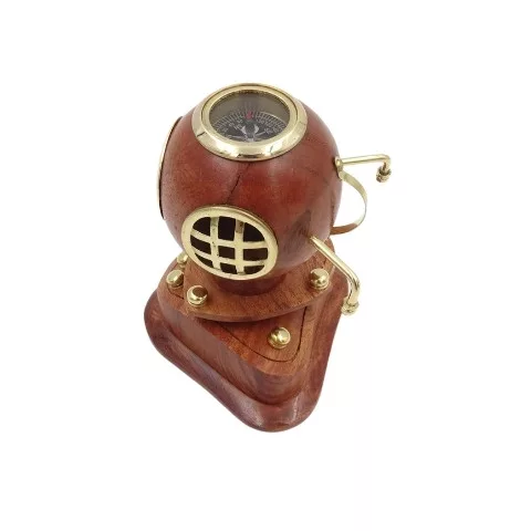 Cască de scafandru decorativa Giftdeco NC1220, alamă, sticlă și lemn, 10 x 9,5 x 11,5 cm, stil nautic