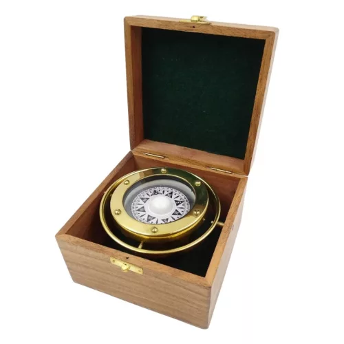 Busola de navigatie Giftdeco NC1614 din alama, cu cutie din lemn
