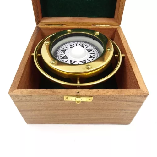 Busola de navigatie Giftdeco NC1614 din alama, cu cutie din lemn