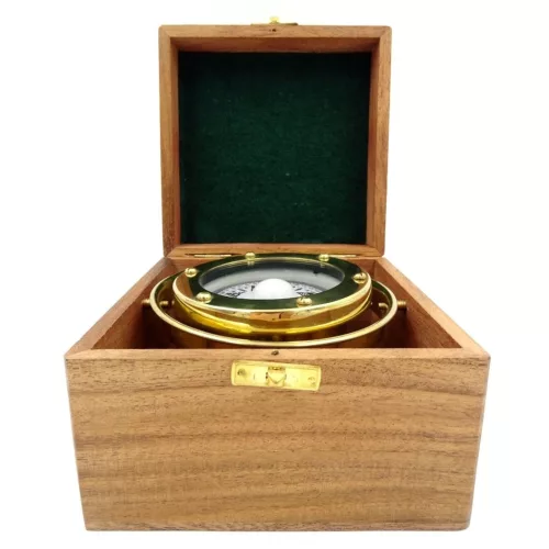 Busola de navigatie Giftdeco NC1614 din alama, cu cutie din lemn