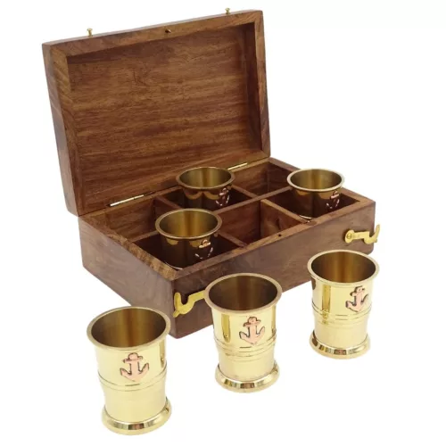 Set pahare shot Giftdeco, alamă, sticlă, cupru, metal și lemn, 16 cm x 10,5 cm x 5,5 cm, stil nautic Giftdeco 5902067226254 imagine 4