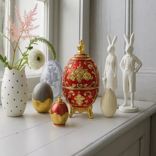 Ou decorativ Giftdeco HRRG tip Fabergé, plastic, roșu și auriu, 7 x 7 x 18 cm Giftdeco 5902067229477 imagine 3