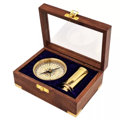 Set Giftdeco NC103373 cu busola si luneta, cutie din lemn