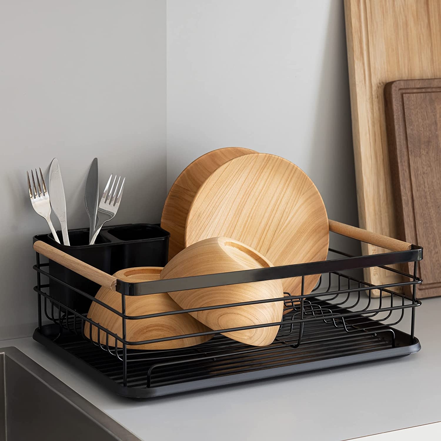 Scurgator de vase Navaris, cu suport de picurare, cu raft pentru farfurii, pahare si tacamuri, negru, 42.5x31.5x14 cm