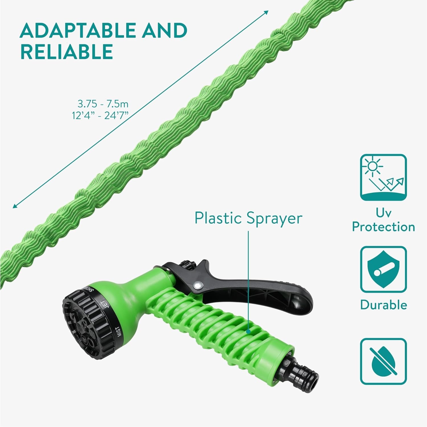 Furtun de gradina extensibil Navaris 3.75-7.5m, cu pistol stropire 7 functii, 61948.01