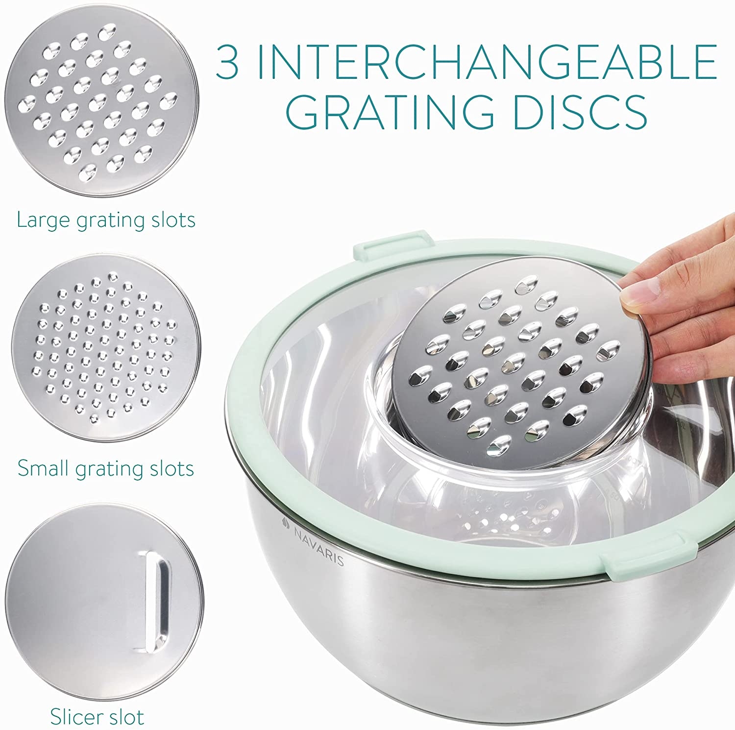 Set 2 boluri metalice multifunctionale cu capac Navaris, 20 cm si 24 cm, 3 razatori, Antiderapant, Inox, Argintiu/Verde