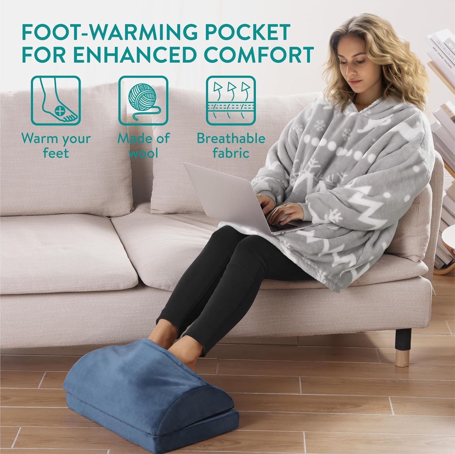 Perna de birou ergonomica Navaris cu buzunar de lana pentru incalzirea picioarelor, 45 x 30 x 15 cm, Albastru