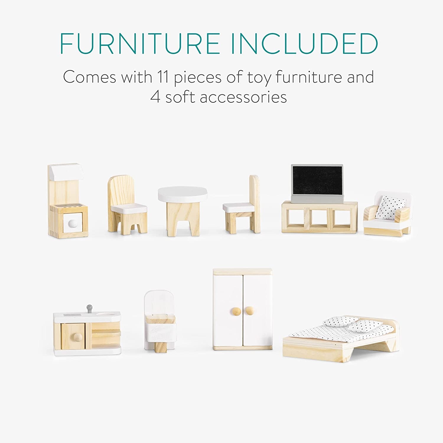 Casa de papusi din lemn Navaris, cu 3 etaje, cu mobilier si accesorii, 5 camere si balcon, 69.5x62x27 cm