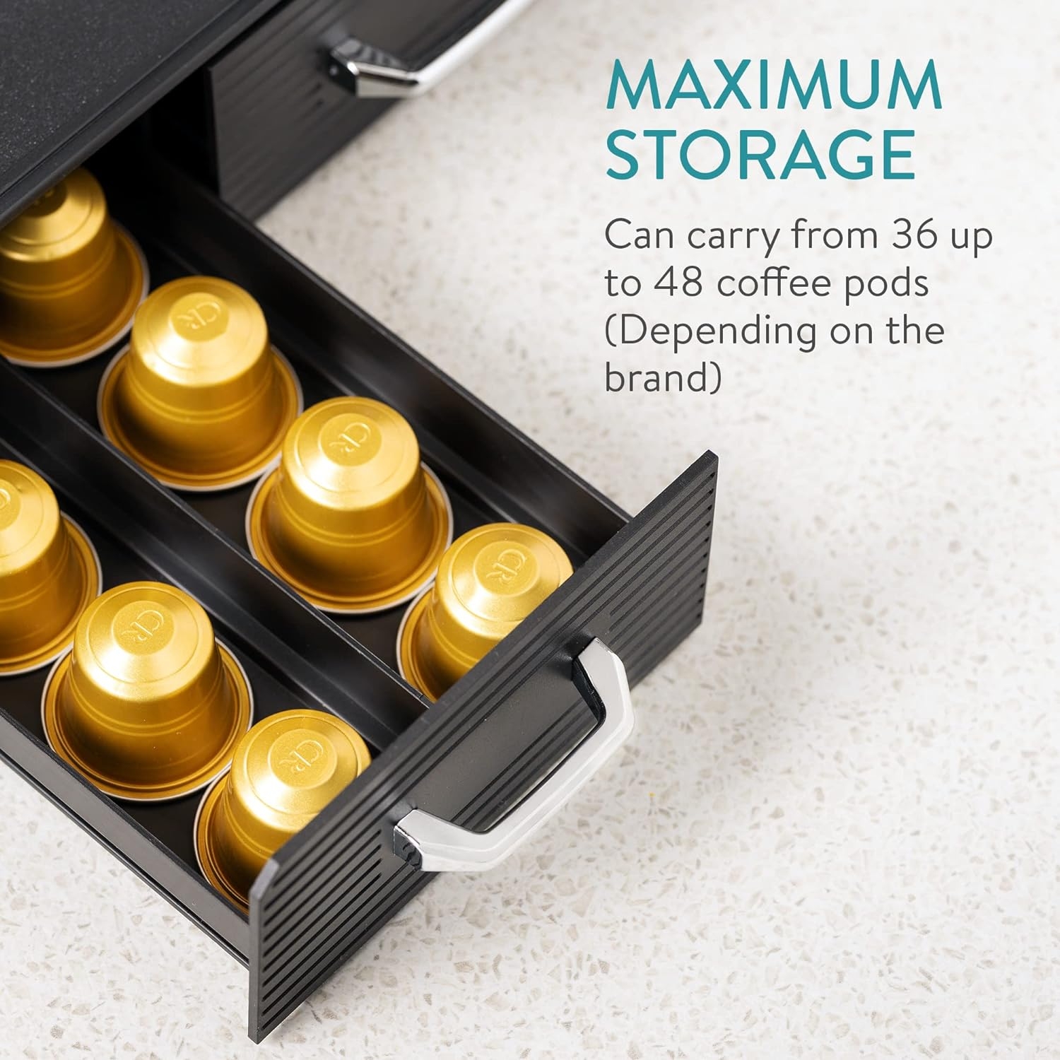 Set suport aparat cafea, 3 sertare pentru 48 capsule Nespresso si organizator 2 sertare pentru consumabile, negru